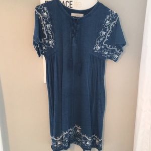 Loft lace up swing dress in blue with embroidery